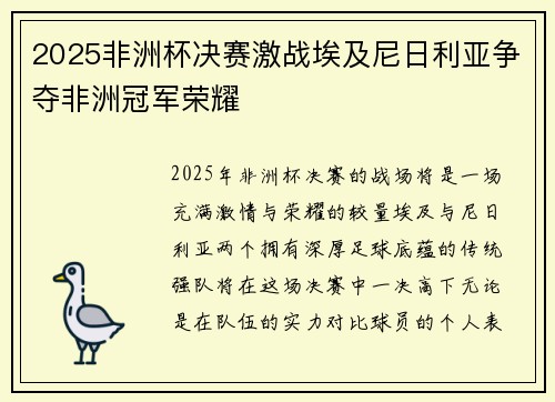 2025非洲杯决赛激战埃及尼日利亚争夺非洲冠军荣耀