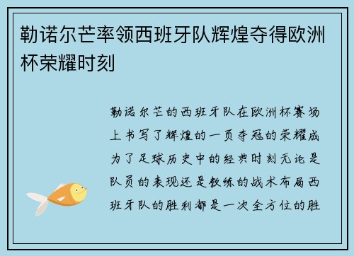 勒诺尔芒率领西班牙队辉煌夺得欧洲杯荣耀时刻